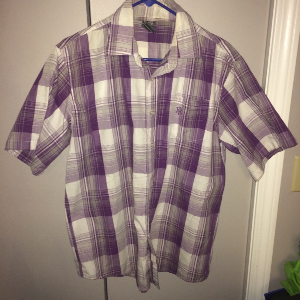 Avirex plaid shortsleeve buttondown purple/white L